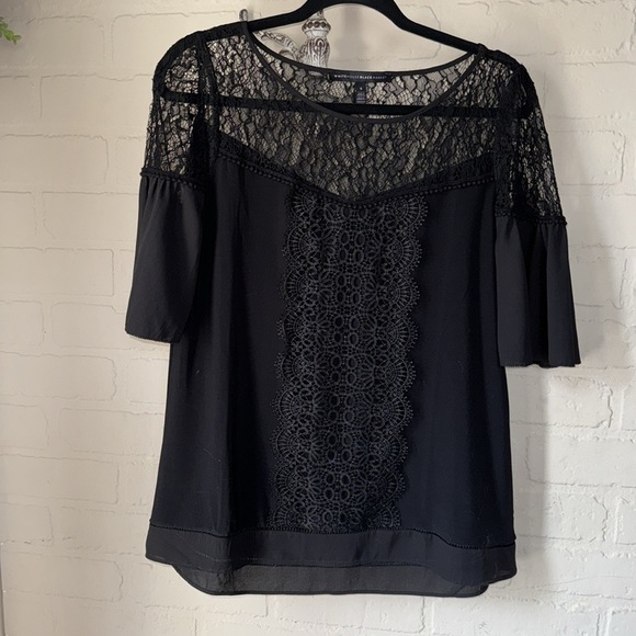 White House Black Market blouse black lace embellished small short sleeve - Picture 3 of 10